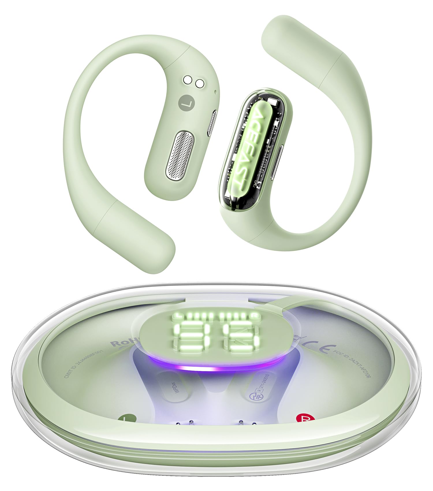 【iFデザイン賞殿堂入り!!】ACEFAST オープンイヤー イヤホン LED雰囲気呼吸ライト Bluetooth 5.4 完全ワイヤレス ランニング・スポーツイヤホン 軽量 耳を塞がない 急速充電 タイプC マイク付き ノイズキャンセリング通話 左右分離型 耳掛け 空気伝導 ACEFIT Pro グリーン